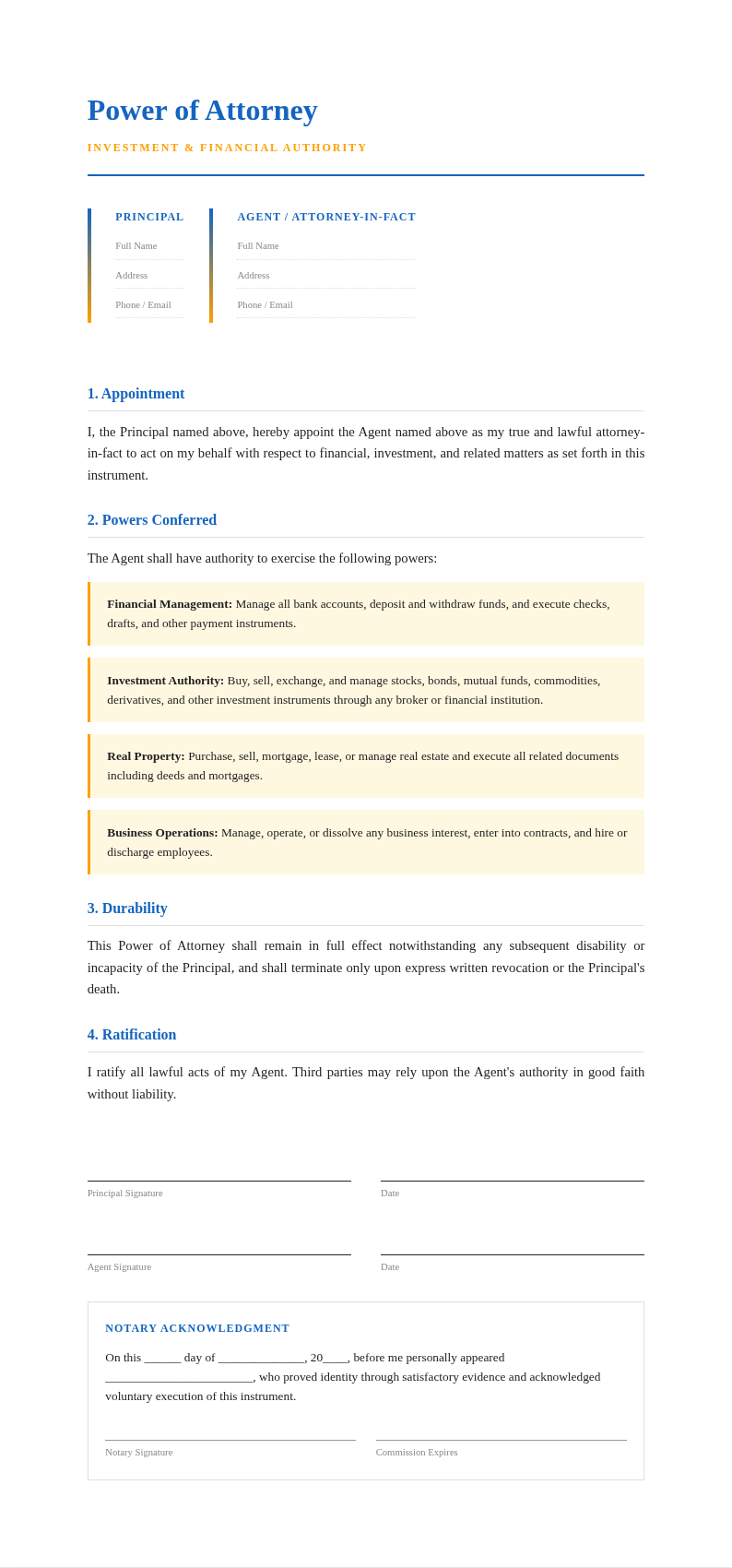 Investment Grade Power of Attorney
